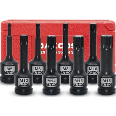 Image of DAKCOS 1/2&quot; Impact Bit Socket Set, 8 Pieces XZN Triple Square Spline Set,M5 M18, Cr Mo