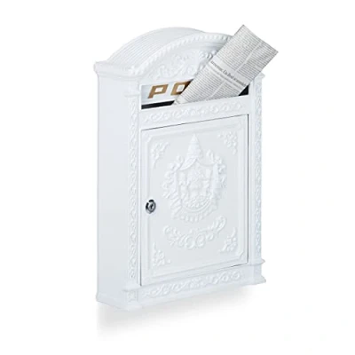 Image of Relaxdays Antique Letterbox, 44.5 x 31 9.5 cm, English Style Wall Mount Mailbox, Cast Aluminum, for DIN A4 Letters, with Roof, White