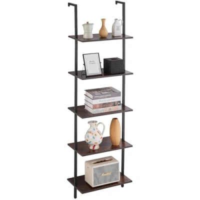 Image of VEVOR Ladder Shelf, 5 Tier Bookshelf 17.3x11.8in, Open Wall Mounted Shelf with Metal Frame,Storage Rack Sundries Holder for Kitchen Bedroom Bathroom Living Room, Black