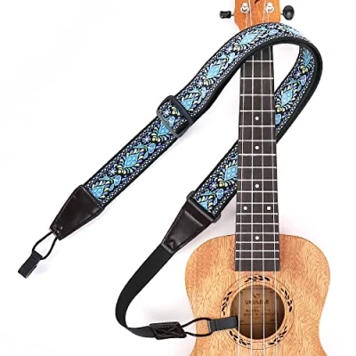 Image of Ukulele Strap No Drill, Eyeshot Adjustable Double J Hook Clip on Shoulder Strap, Jacquard Blue Flowers, 13in