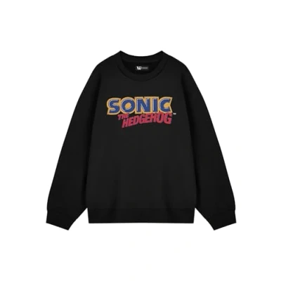 Image of Sonic THE HEDGEHOG Distressed Logo Mens Black Sweatshirt Retro Gaming Graphic Sweater Classic Sega Video Game Apparel Official Merchandise for Fans of Tails &amp; Knuckles