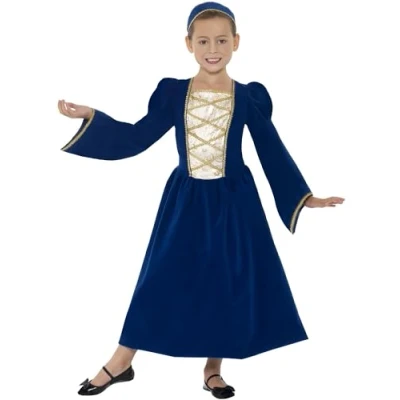 Image of Smiffys Tudor Princess Girl Costume, Royal Blue Dress and Headband, Girls Fancy Dress, Child Up Costumes