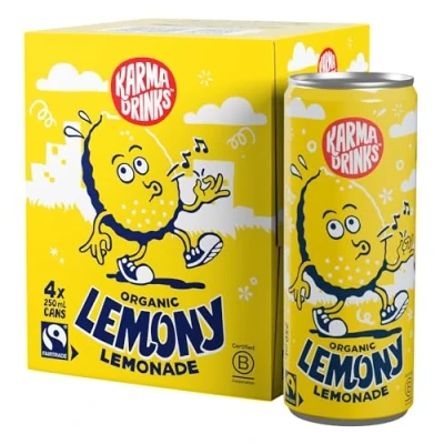 Image of KARMA Drinks Lemony (250ml x 4 Cans Soft Drink) Organic, Gluten Free Organic Cola, Natural Ingredients, FairTrade, Vegan Friendly, No GMO, Carbonated Fizzy Pack