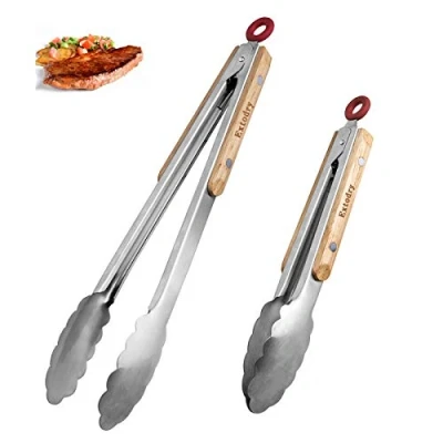 Image of Extodry Sturdy Kitchen Tongs,2 Packs Set (9&#039;&#039;&amp;12&#039;&#039;) BBQ Tongs Good Grips Cooking Stainless Steel, Food with Heat Resistant Wood Grips,Cooking Gifts for Serving Frying Salad Pasta