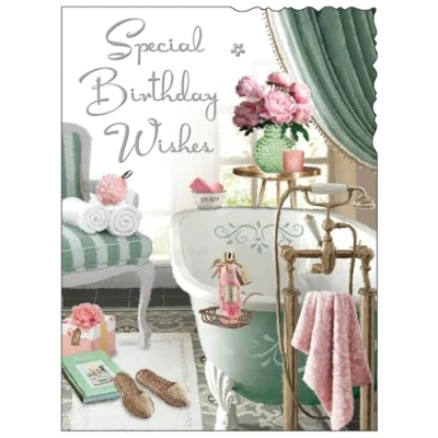 Image of Jonny Javelin Female Birthday Card Happy with Bubble Bath Pamper Design and an Embossed Foil Finish for Women