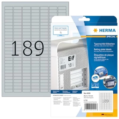Image of HERMA Self Adhesive Name Plate Film Labels, 189 Labels per A4 Sheet, 25 Sheets, x 10 mm, 4725 Weatherproof Stickers, Sticky for Laser &amp; Inkjet Printer, Metallic Silver