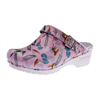 Image of Sanita Animal Leopard Open Clog Original Handmade for Women Anatomically Shaped Footbed in Soft Foam Heel Strap Pink UK 6