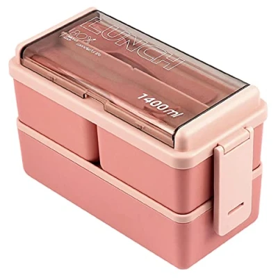 Image of Lychico Lunch Box, 1400ml Bento Box with Spoon Fork, Stackable 2 Layer 3 Compartments Leak Proof Japanese Meal Prep Container for Adults Kids Students Office Microwave Dishwasher Safe