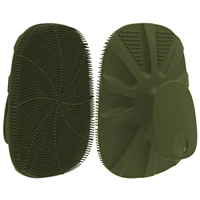 Image of HieerBus Silicone Body Scrubber Shower Bath Brush for Nourishing, Cleaning &amp; Exfoliating of Women Men No Slip Handle,Lather Well, Long Lasting Easy to Clean More Hygienic,1 Pack, Army Green