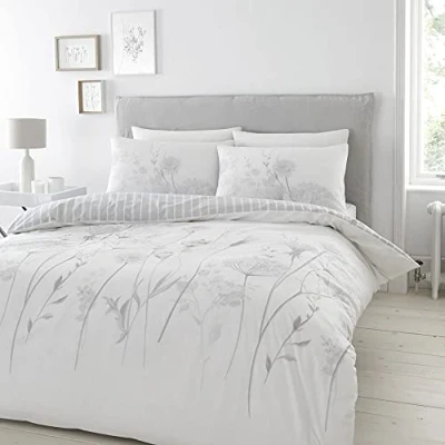 Image of Catherine Lansfield Meadowsweet Floral King Duvet Set White Grey