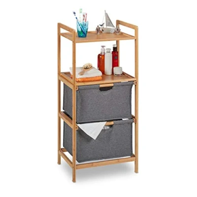 Image of Relaxdays Bathroom Shelf, with 2 Shelves &amp; Fabric Baskets, Bamboo Laundry Sorter, HWD: 96 x 44 34 cm, Natural/Grey