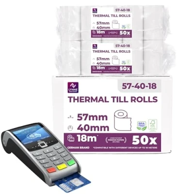 Image of Thermal Till Rolls 57x40 PDQ for Cash Register Credit Card Receipt Paper 57mm x 40m 12mm BPA Free (Pack of 50 Rolls)