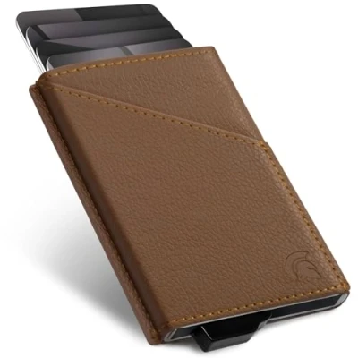 Image of POWR Card Holder Wallet. Vegan Brown Leather RFID for Men. Minimalist Wallet Credit Holders Pop Up Metal Slim