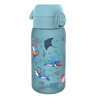 Image of Ion8 Kids Water Bottle, 350 ml/12 oz, Leak Proof, Easy to Open, Secure Lock, Dishwasher Safe, BPA Free, Carry Handle, Hygienic Flip Cover, Clean, Odour Carbon Neutral, Blue, Sharks