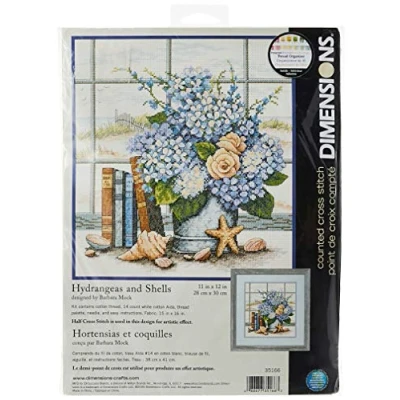 Image of Dimensions D35166, Hydrangeas &amp; Shells, Multicolored, 12 in x 11