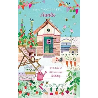 Image of Paper Rose Wonderful Auntie Birthday Card Garden Shed and Pets with Foil Details Eco Friendly Recyclable