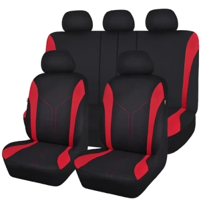 Image of Flying Banner Universal Fit Car Seat Cover Sets Mesh Fabric Splicing Polyester (Full Set, Black and Red)