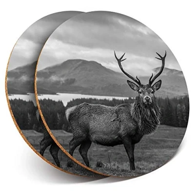 Image of 2 x Round Coasters Stag Deer Scottish Highlands Cork Backed Home Kitchen Accessory Tea Coffee Mug Mat #36299