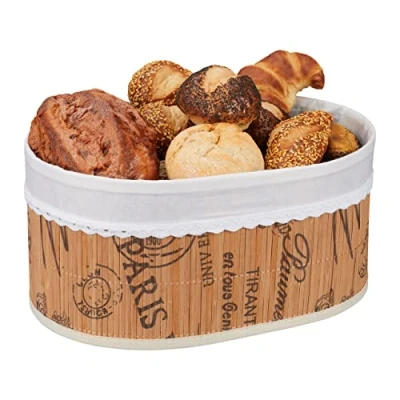 Image of Relaxdays Bread Basket, Paris Design, Bamboo, Removable Fabric Insert, H x W D: 16 34 23.5 cm, Natural