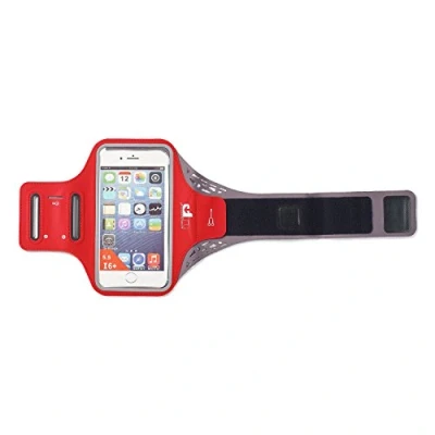 Image of Ultimate Performance Ridgeway Mobile Phone Holder Sports Armband Touch Window High Vis trim Secure Lock strap Outlet Port Key Pocket Credit Card Water Resistant Ultra Lightweight Running Red