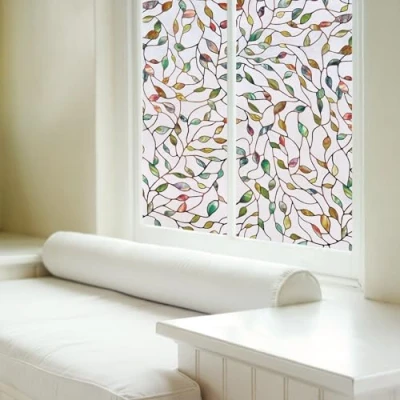 Image of Artscape New Leaf Window Privacy Film Stained Glass Pattern Non Adhesive &amp; UV Protection Easy to Apply Removable 61 x 92 cm Made in USA