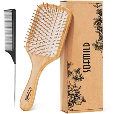 Image of Hair Brush, Eco Friendly Natural Wooden Bamboo Paddle Hairbrush for Long Short Curly Thick Thin Men Women Kids, Massaging Scalp, Reducing Tangle &amp; Breakage, Promoting Growth