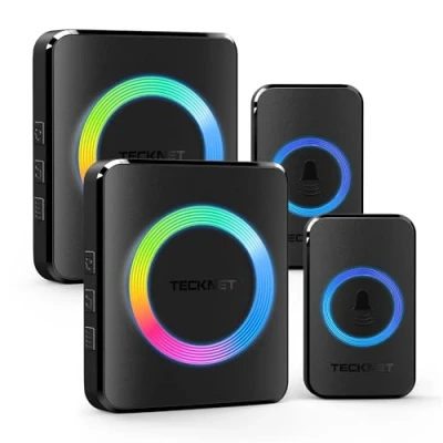 Image of TECKNET Wireless Doorbell with 2 Receivers Push Buttons, IP65 Waterproof Twin Door Bells Cordless RGB Flash, 400M/1300ft Long Range Plug in Bell 60 Chimes &amp; 5 Volume Levels
