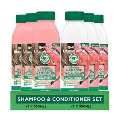 Image of Garnier Shampoo &amp; Conditioner Set By Ultimate Blends, Plumping Watermelon Hair Food Fine Hair, 98 Percent Natural Origin Ingredients, 100% Vegan Formula, 3 X 350ml