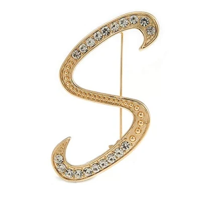 Image of &#039;S&#039; Gold Plated Clear Crystal Letter S Alphabet Initial Brooch Personalised Jewellery Gift 45mm Tall