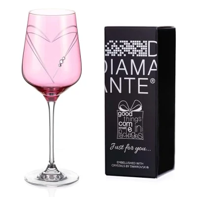 Image of DIAMANTE Wine Glass Pink Hearts Single Coloured Giftable with Swarovski Crystals