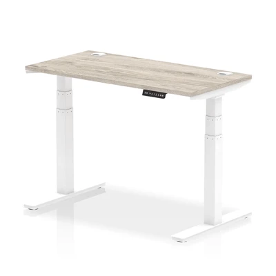 Image of Air 1200x600mm Height Adjustable Desk Grey Oak Cable Ports White Leg