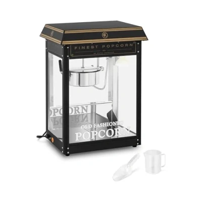 Image of Royal Catering Popcorn Machine Maker Popper Retro Black &amp; Gold 5 6kg/h 1600W RCPS BG1 (Stainless Steel, Tempered Glass, Aluminium, Teflon, 16 L/h, Crumb Drawer)