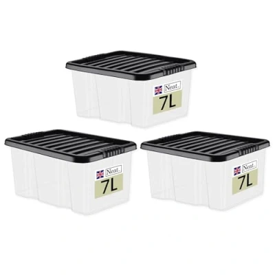 Image of Neat. Plastics 7L Heavy Duty Storage Box, Clear Base, Black Lid Organise Easily with Plastic Box Lid, Ideal Boxes for Storage, Durable Lids Pack of 3