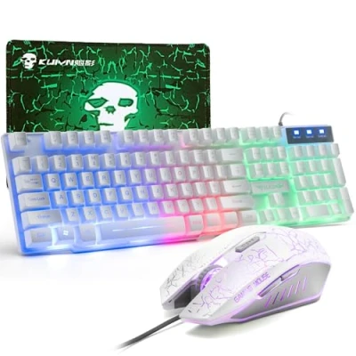 Image of Gaming Keyboard and Mouse Set, 104 Keys UK Layout QWERTY Rainbow Backlit Keyboard, 2400 DPI 4 Buttons Colorful Mice, Comfortable MousePad, USB Wired, Compatible with Windows Mac PC PS4, White