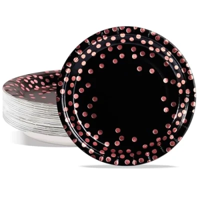Image of AIPartywar Party Paper Plates, 50 Pack Disposable Black and Rose Gold Foil Polka Dots, 9 Inch Dinner Plates for Graduation Wedding Birthday