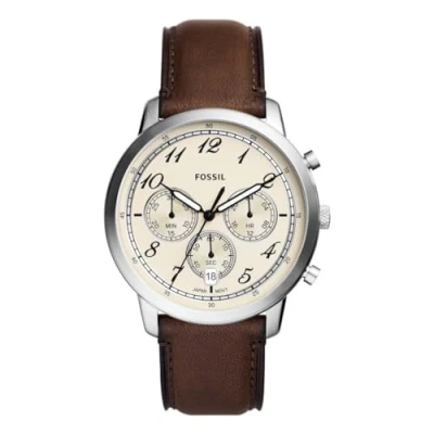 Image of FOSSIL Neutra Watch for Men, Chronograph movement with Stainless steel or Leather strap, Brown and cream, 44 mm