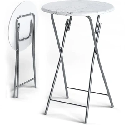 Image of CASARIA® Marble Effect Folding 60cm Bar Table Height 110cm Foldable Easy Care Side Cocktail Round Dining High Garden Patio Balcony Terrace White