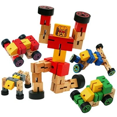 Image of TOWO Wooden Transforming Vehicle Robot Transfigures Toys for Travel Construction Building set 3 year old Boys Girls Holiday Stocking Fillers Stuffers Blue