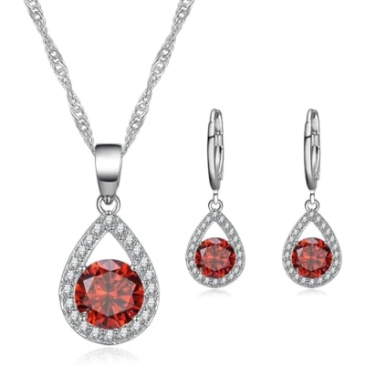 Image of TOEECY Jewellery Set for Women Crystal Pendant Necklace Earring 925 Silver Cubic Zirconia Gift Wedding Bridal Bridesmaid (Red)