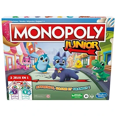 Image of Hasbro Gaming Monopoly Junior Board Game, 2 Sided Game Board, Games in 1, for Younger Kids; Kids Games, (French Version)