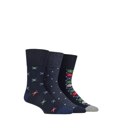 Image of Mens 3 Pair Gentle Grip Cotton Argyle Patterned and Striped Socks Motif Mid Denim 6 11