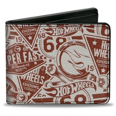 Image of Buckle Down Mattel Wallet, Bifold, Hot Wheels 68 Icons Collage Burgundy White, Vegan Leather, 4.0&quot; x 3.5&quot;, Casual