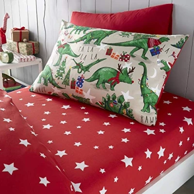 Image of Happy Linen Company Girls Boys Kids Christmas Dinosaur Glow In The Dark Taupe Natural Single Fitted Sheet