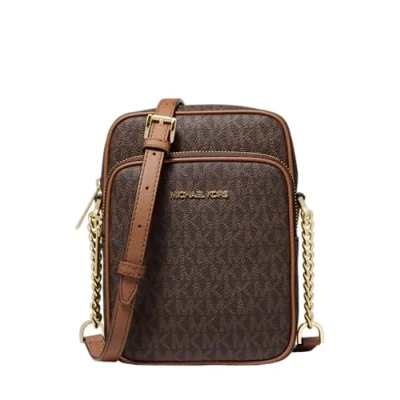 Image of Michael Kors Jet Set Travel Signature PVC Medium Logo Chain Crossbody Flight Bag (Brown)