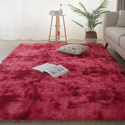 Image of Jyswx Soft Shaggy Area Rugs for Living Room Modern Bedroom Small to Extra Large Size Fulffy Carpets Nursery Non Shedding Washable Home Dormitory Decorative, Dark Red, 60 x 120 cm