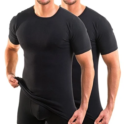 Image of HERMKO 3840 Pack of 2 Short Sleeved Shirts with Rounded Neckline, 100% Organic Cotton, Size:X Large, Colour:Black