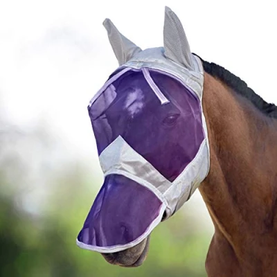 Image of Harrison Howard CareMaster Horse Fly Mask Long Nose with Ears Full Face Silver/Purple Retro XL Extra Size