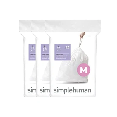 Image of simplehuman CW0261 code M Custom Fit Bin Liner Bulk Pack, White Plastic (3 Pack of 20, Total 60 Liners)