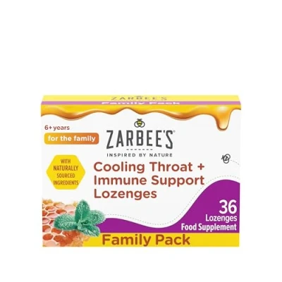 Image of Zarbee’s Cooling Throat + Immune Support Lozenges, Calm and Cool Your with Real Honey Peppermint Oil Extract. Also Contains Vitamin C Zinc, No Artificial Colours or Flavours, 36 Count