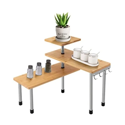 Image of QUIOTUIR 3 Tier Corner Shelf Bamboo Countertop Organizer, Kitchen Unit Pull Out Storage, Counter Shelf, Cupboard Storage With Hooks, Carousel